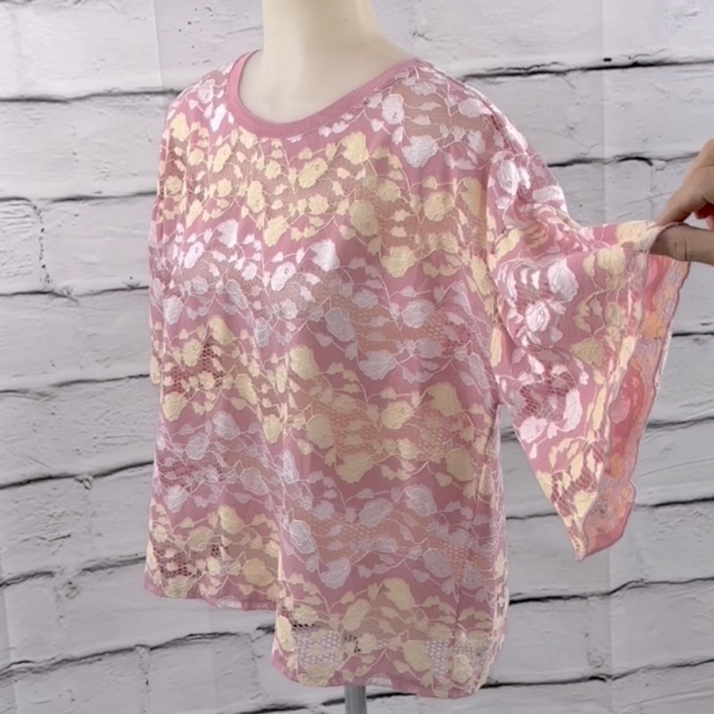 ZARA Blouse Pink Short Bell Sleeve Lace Crop Ribbed Round Neck Sheer Top… - Picture 4 of 15